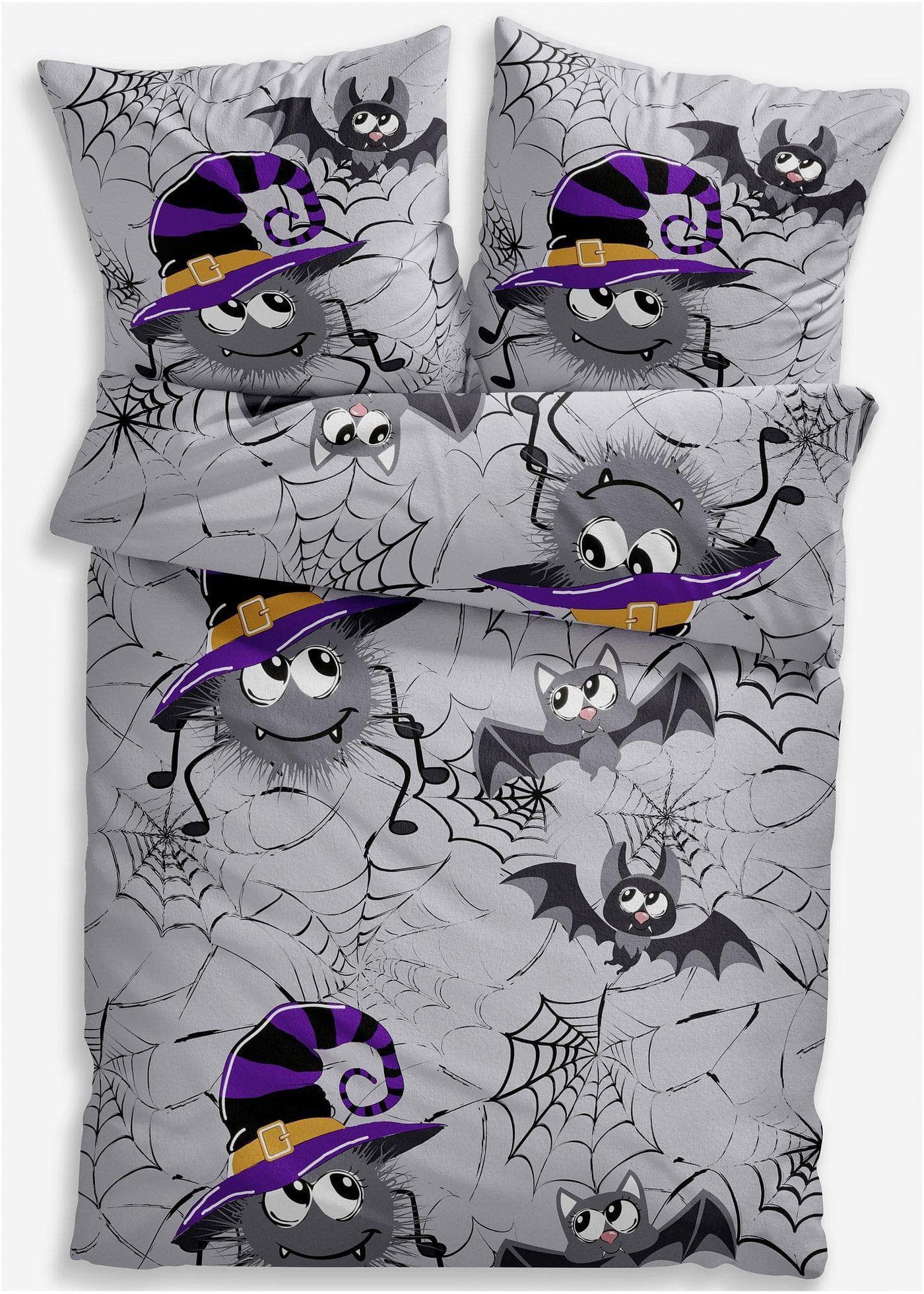 Povlečení z bavlněné směsi s halloweenským pavoukem a netopýrem