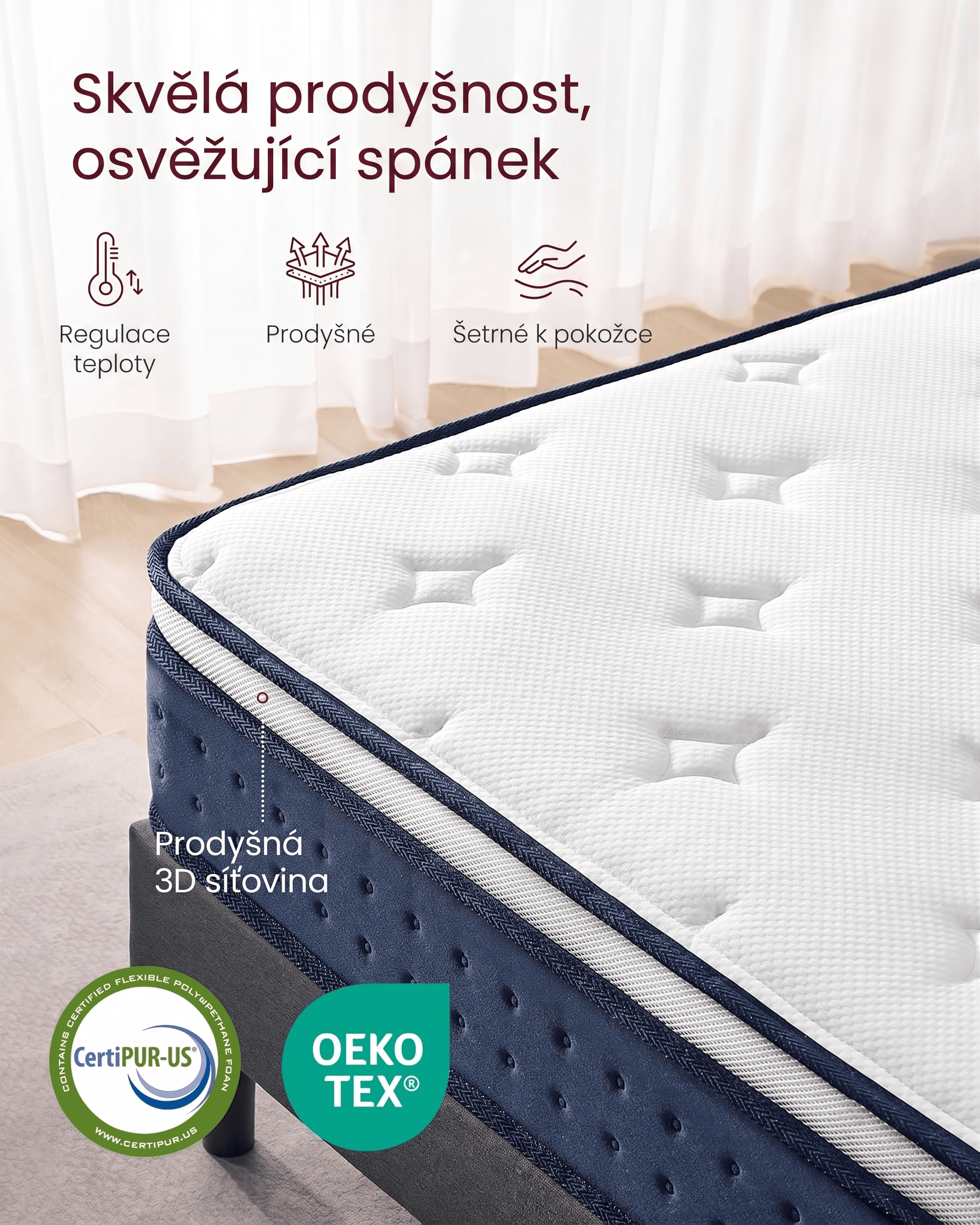 SONGMICS Matrace s taštičkovými pružinami a paměťovou pěnou Vasagle Ruth 140x200 bílá/modrá 2