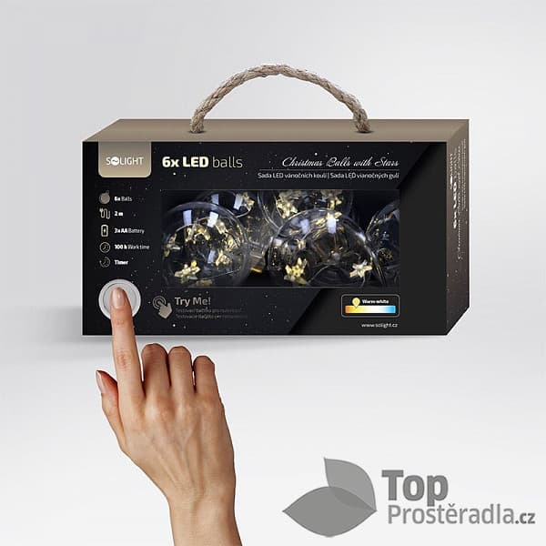 Solight sada LED vánočních koulí s hvězdami, vel. 8cm, 6ks, 30LED,časovač, tester, 3xAA 2