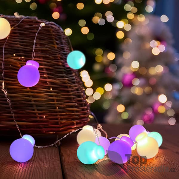 Solight LED vánoční řetěz barevné koule, 20x LED, 2m, 2x AA 2