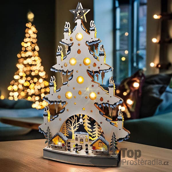 Solight LED dřevěný vánoční stromek s dekoracemi, 23x LED, přírodní barva, 64cm, 2x AA 2