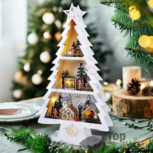 Solight LED dřevěný vánoční stromek s dekoracemi, 13x LED, bílá, 53cm, 2x AA 2