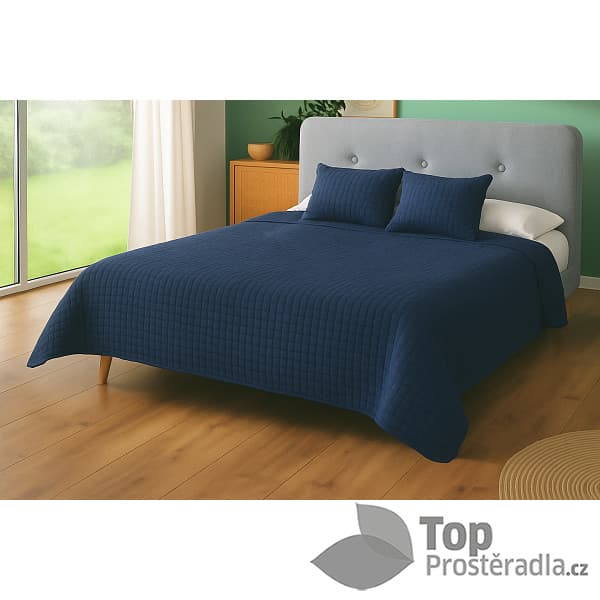 TP Přehoz na postel s povlaky na polštářky 220x240 + 2x 40x40 Tmavě modrá