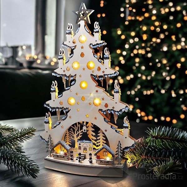 Solight LED dřevěný vánoční stromek s dekoracemi, 23x LED, přírodní barva, 64cm, 2x AA