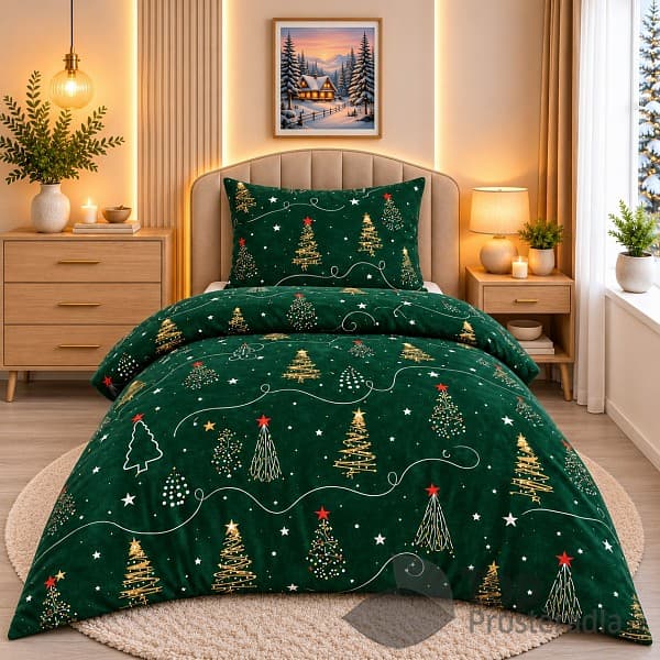 Mikroplyšové povlečení Premium 140x200+70x90 Vánoční stromečky zelené