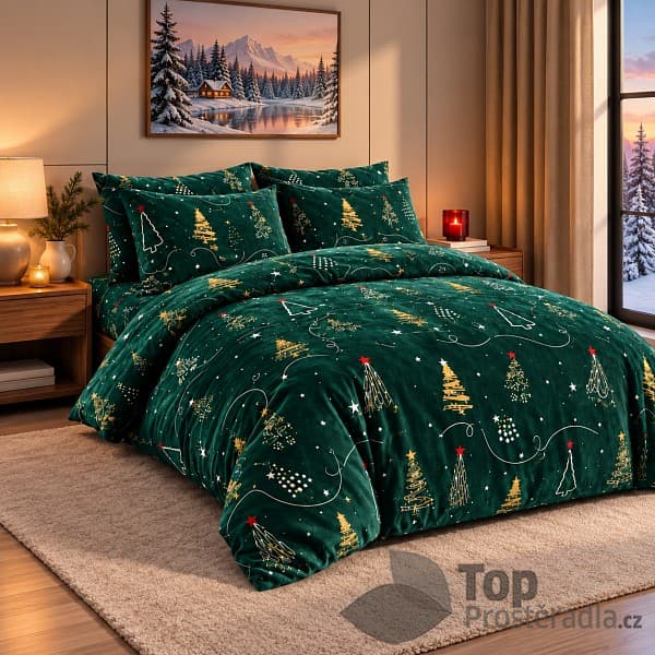 Francouzské mikroplyšové povlečení Premium 220x200+2x70x90 Vánoční stromečky zelené
