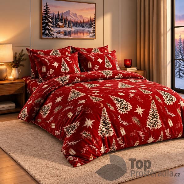 Francouzské mikroplyšové povlečení Premium 220x200+2x70x90 Stromečky a dárky